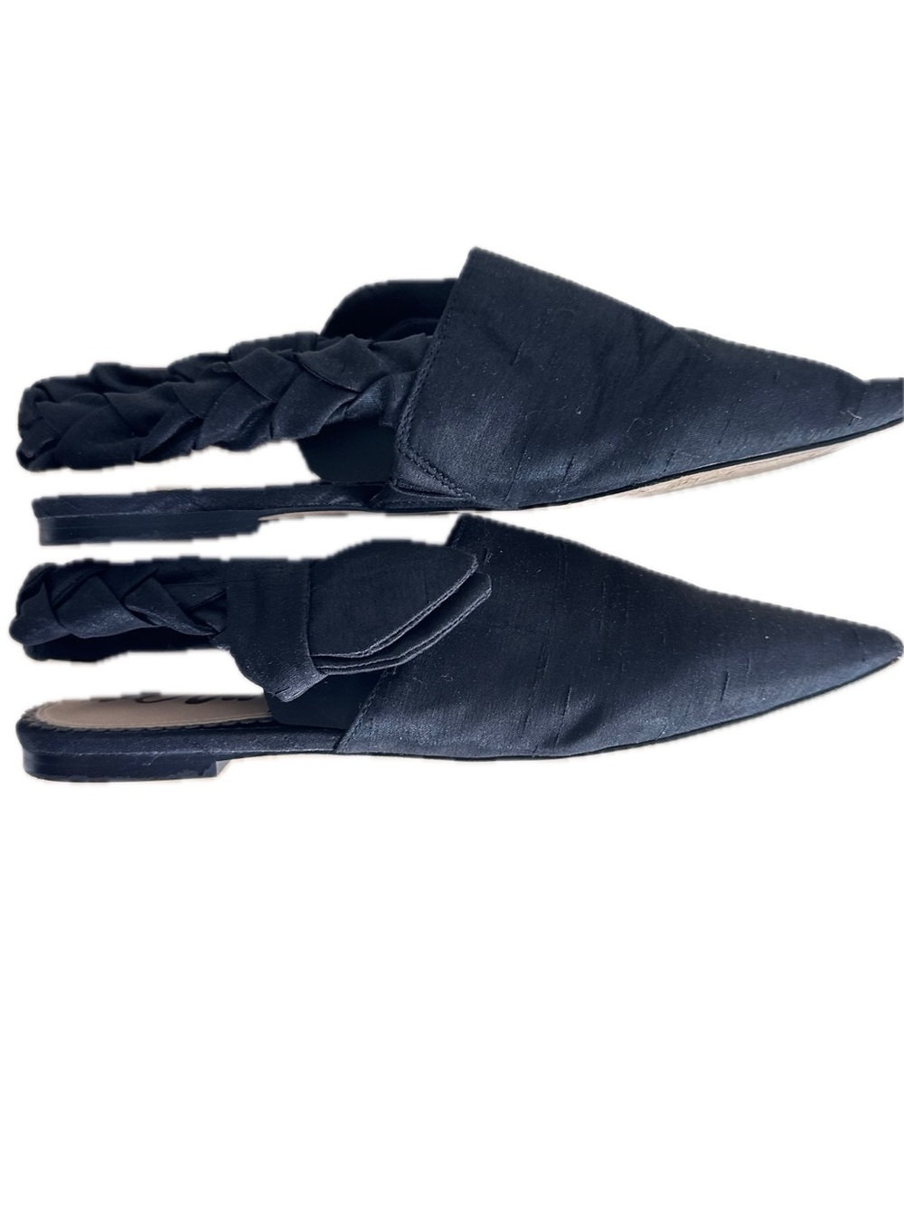 Sam Edelman Black Silk Shimmy Slingback Pointed Toe Flats Braided Bow Size 7